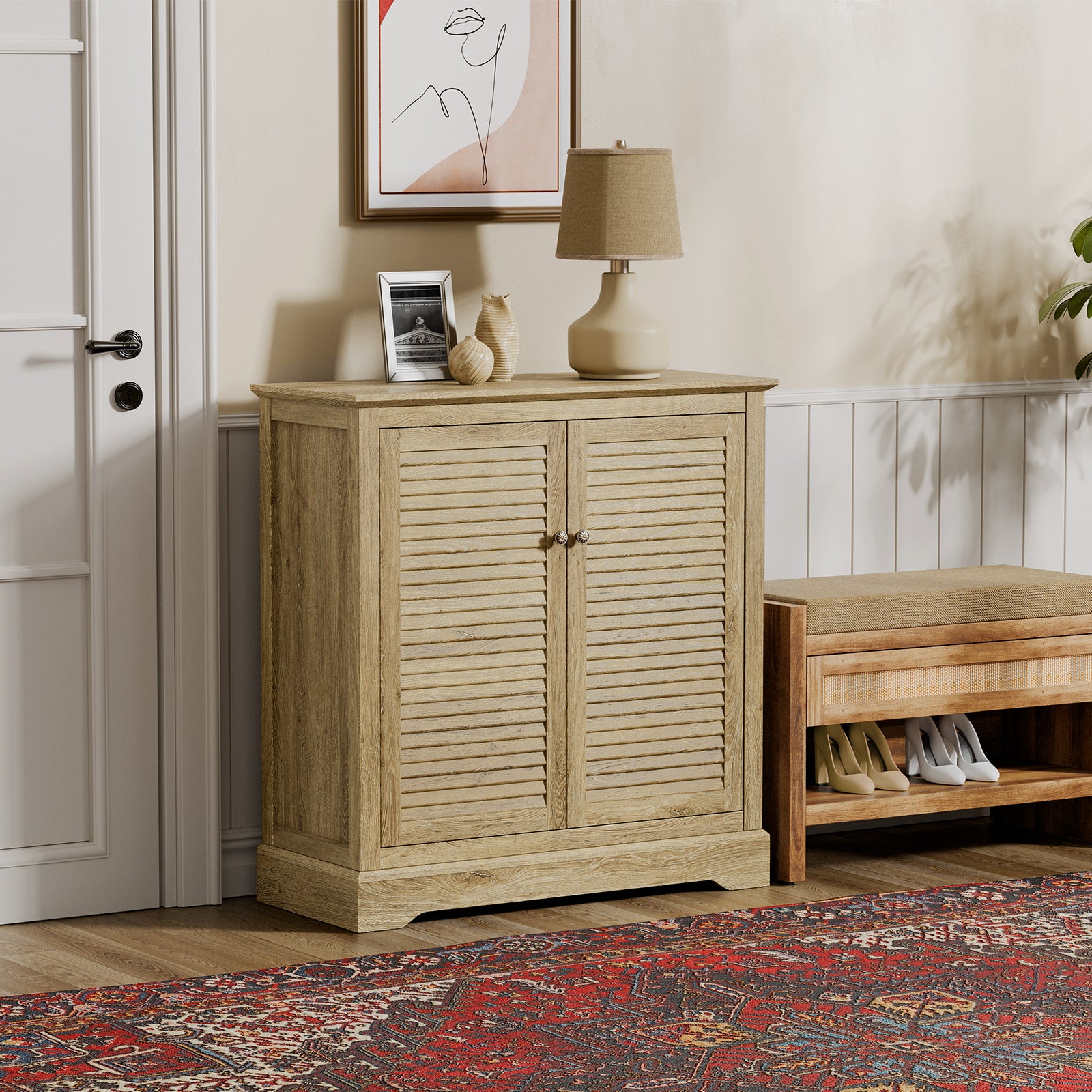 Sideboard Buffet Credenza Cabinet - Farmhouse Coffee Bar Cabinet with Storage, Shutter Decorated Doors and Adjustable Shelf, Accent Buffet Storage Cabinet for Dining Room, Entryway