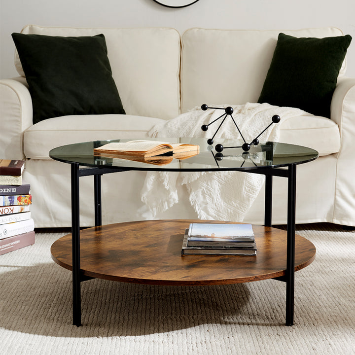 Round Coffee Table, Rustic Wooden Surface Top & Sturdy Metal Legs Industrial Sofa Table for Living Room Modern Design Home Furniture with Storage Open Shelf