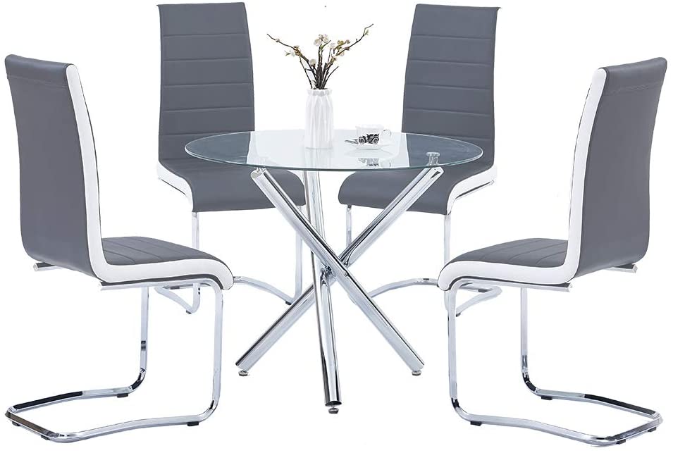 Dining Table with 4 Chairs,Glass Top Table and High Back Dining Chair