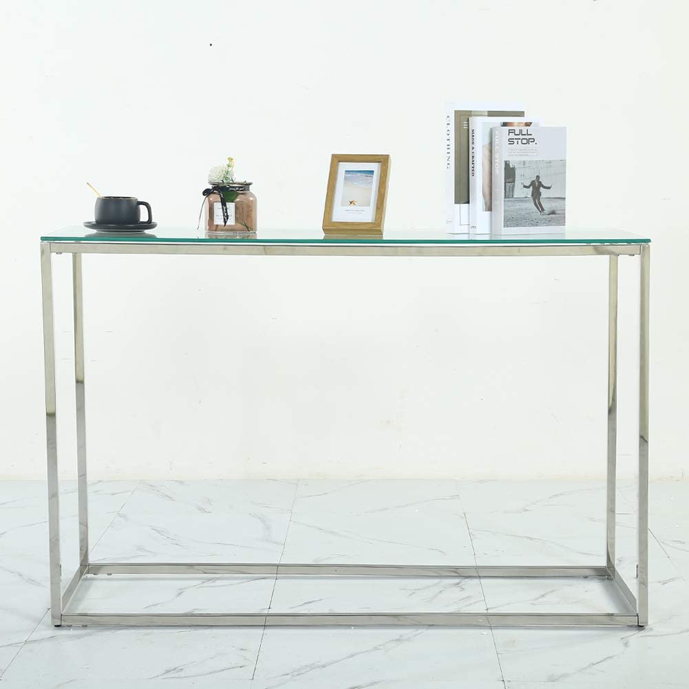 Sicotas Chrome Metal Frame Clear Glass Table Top Entryway Side Table  free shippping