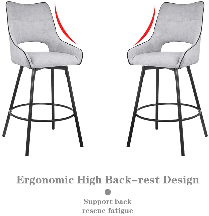 Counter Height Barstool,360° Swivel Upholstered Fabric Bar Stools Set of 2 with Comfy Back, Arm, Footrest, 26" Seat Height, Dining Chairs for Pub Coffee Home Dining Kitchen(Light Grey),Great for kitchen island, breakfast table, cafe, club, bar, restaurant ,Etc.