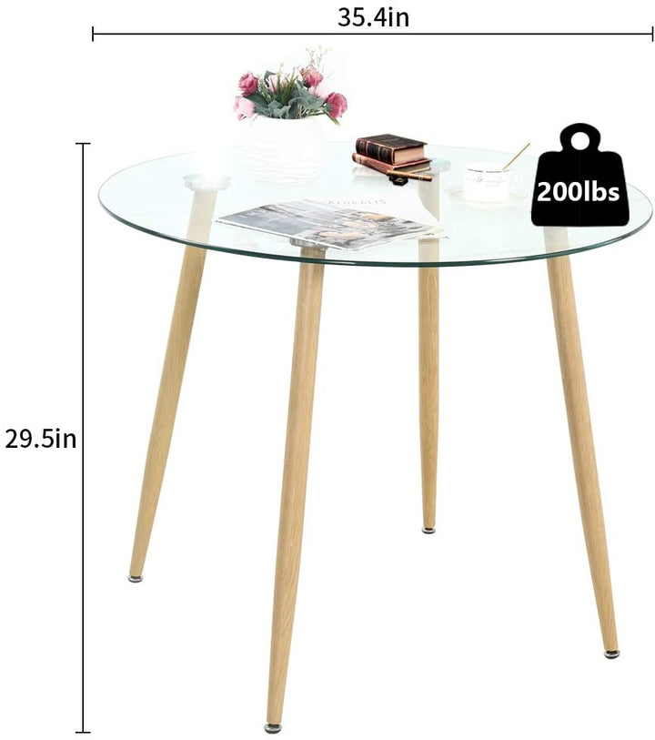 Round Glass Top and Metal Wooden Legs Dining Table