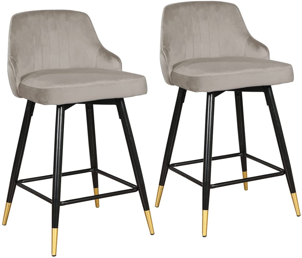 Swivel Counter Height Bar Stools Set of 4, Velvet Bar Stool with Low Back and Footrest, Modern Armless Kitchen Counter Barstools, Upholstered Island Stools, Easy Assembly, 4 Bar Chairs,Grey