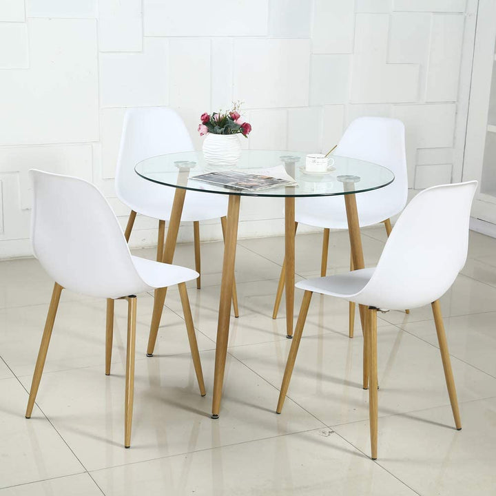 Round Glass Top and Metal Wooden Legs Dining Table