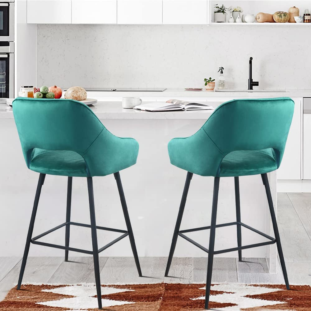 Modern Velvet Counter Stool,Bar Stools Set of 2,Bar Height Chairs 39 inches with Hollow Back,Arm,Footrest,Comfy Barstools for Pub Coffee Home Kitchen(Green)