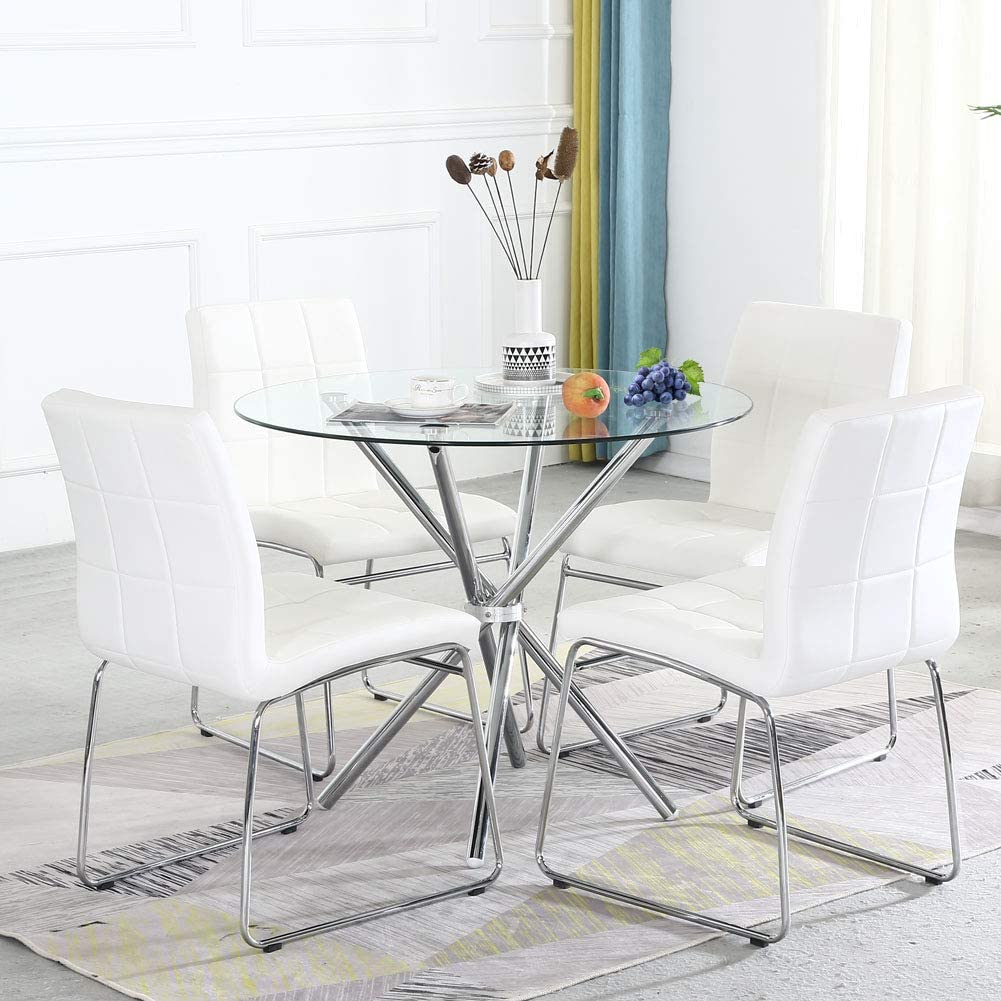 Modern Round Glass Dining Table Set for 2/4 Chairs, Kitchen Table with 3 Chrome Legs, Glass Top + 2 White Faux Leather Dining Chairs, Dining Room Table and Chairs Set for Home Small Space
