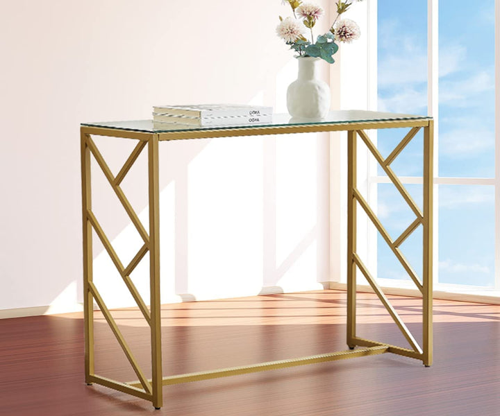 Glass Console Table, Modern Glass Dining Table Storage Shelves Narrow Glass Entryway Table Glass Glass Sofa Table for Living room,Home,Entryway,Hallway(Double Layer Geometry Shape)