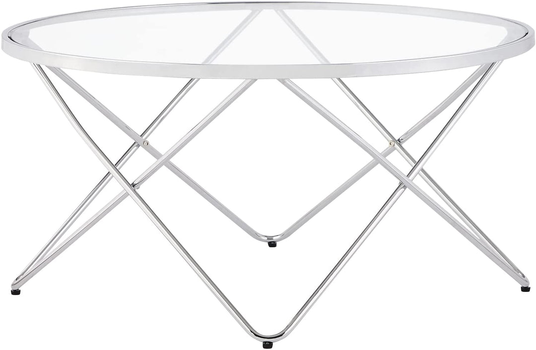 Round Glass Coffee Table, 31.4" Modern Tempered Glass Top, Sturdy Chrome Legs, Adjustable Foot Pads, Accent Side Sofa Table for Living Room, Dining Room,Tea, Home