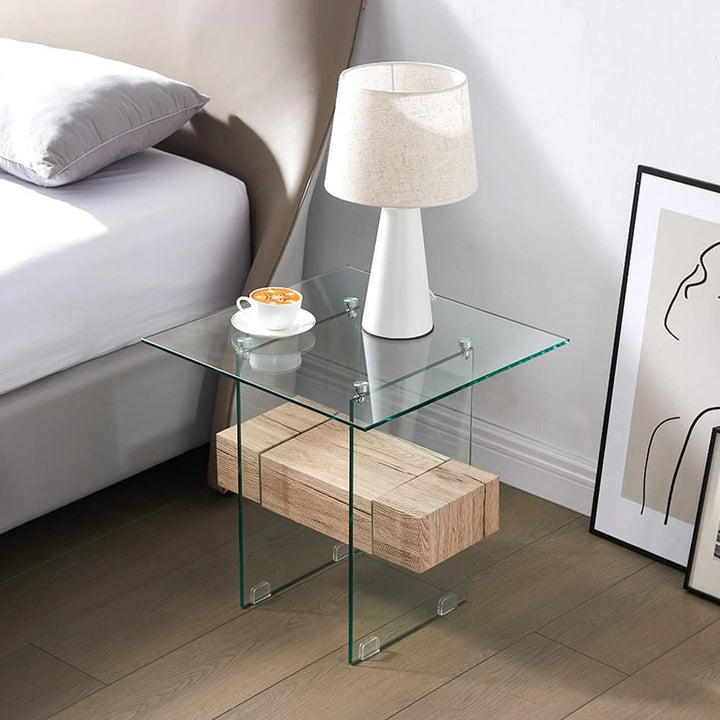 End Table Glass Side Table with Wood Shelf, Modern Accent Table/Glass Sofa Table/Nightstand/Bedside Table for Living Room and Bedroom