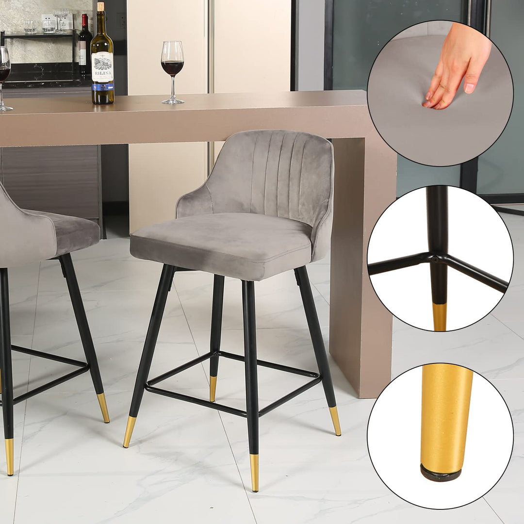Swivel Counter Height Bar Stools Set of 4, Velvet Bar Stool with Low Back and Footrest, Modern Armless Kitchen Counter Barstools, Upholstered Island Stools, Easy Assembly, 4 Bar Chairs,Grey