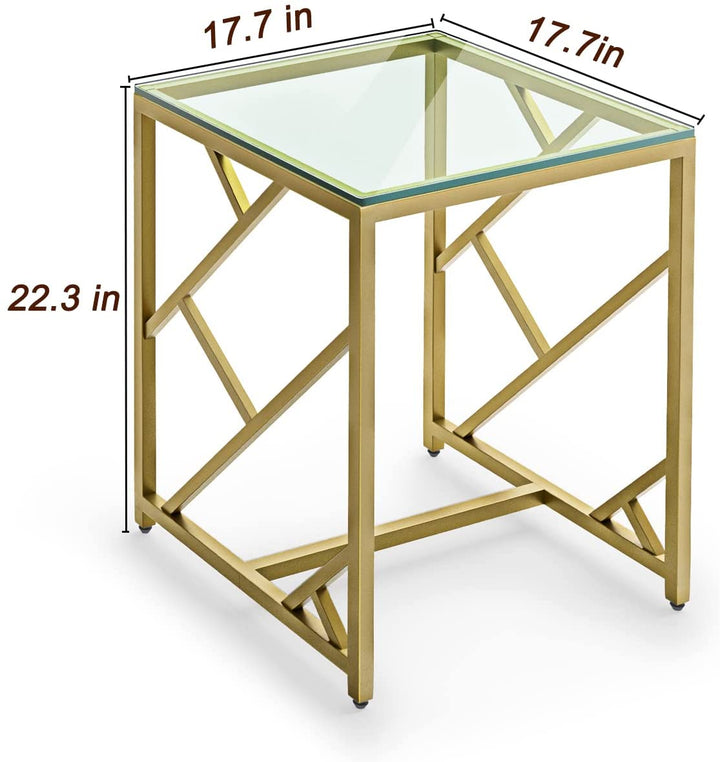 Square Glass End Table,Gold Metal Nightstand Tall Sofa Side Table Glass Dining Table Small Coffee Accent Table, Bedside Table for Bedroom, Living Room, Home Office and Patio（End Table)