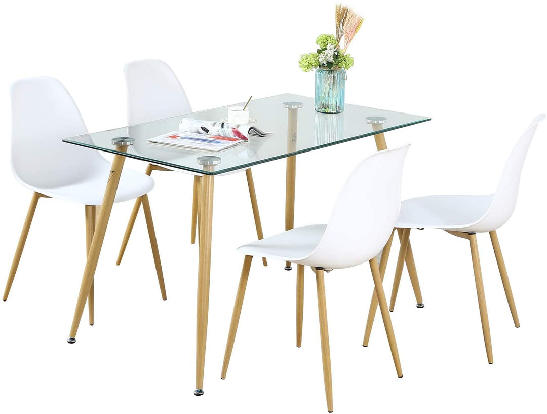 Sicotas 5 Pieces Dining Table Set for 4, Rectangle Glass Dining Table and DSW Dining Chairs with Metal Legs, Modern Table and Chairs for Dining Room and Kitchen (Rectangle Table + 4 White Chairs)