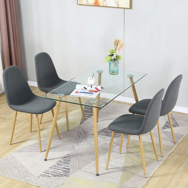 Rectangle Dinning Table Set of 4 Seater wooden Leg Chairs and Top Glass Table sicotas