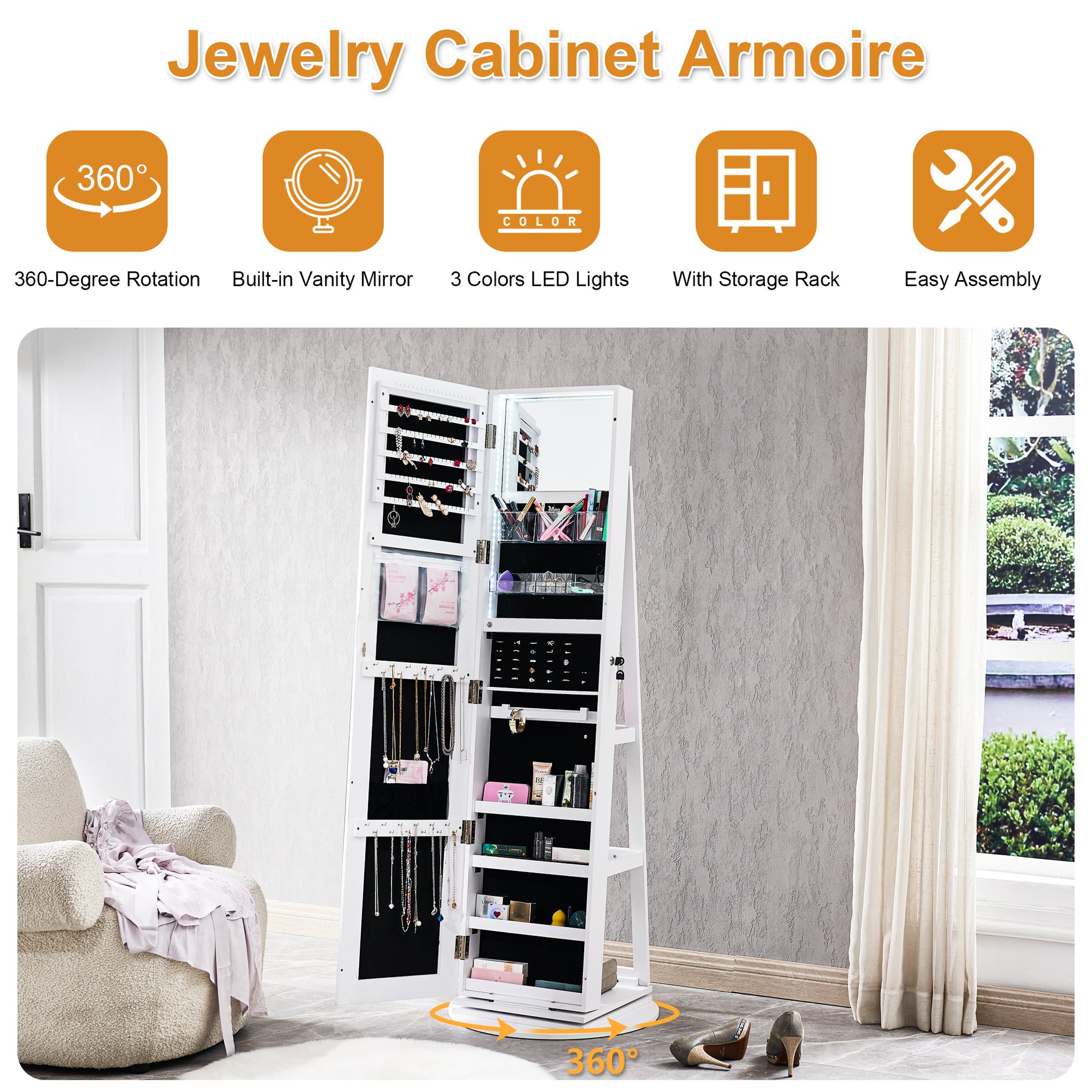 White Full Length Mirror with Jewelry Storage