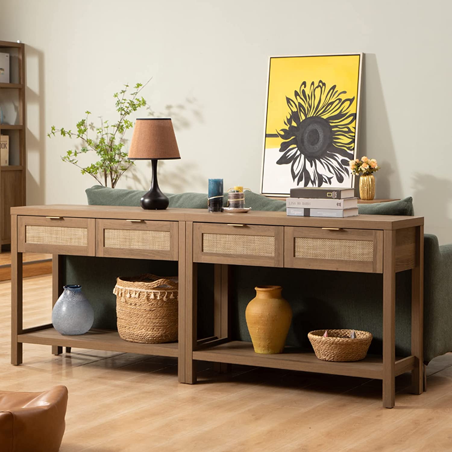 SICOTAS Savanna Collection Console Table with Drawers in Modern Farmhouse Style Living Room Decorated with Vases, Woven Baskets, Flowers, Paintings, and Candles