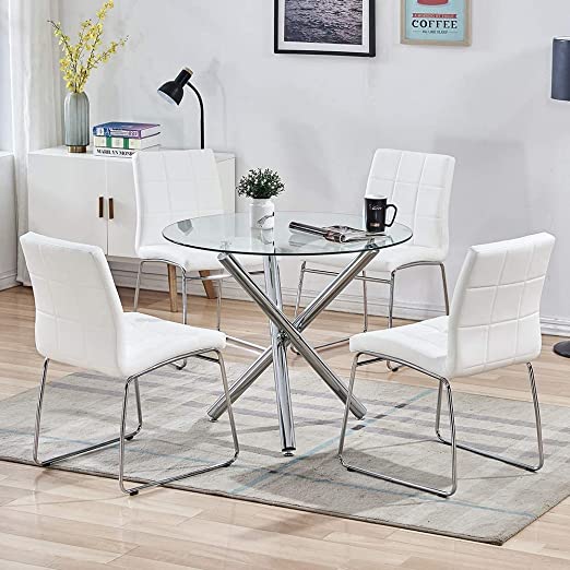 Dining Tables Sets of 3/5- Round Glass Table with 2/4 Chairs