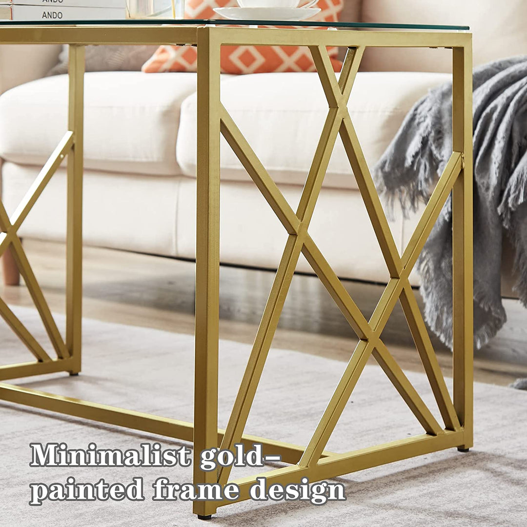 Coffee Table Living Room Table, Modern Glass Coffee Table with Painted Gold Metal Frame, 31.5'' Coffee Table for Living Room Center Table for Reception Room,Glass coffee table for living room