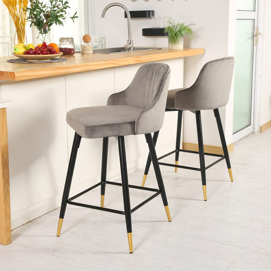 Swivel Counter Height Bar Stools Set of 4, Velvet Bar Stool with Low Back and Footrest, Modern Armless Kitchen Counter Barstools, Upholstered Island Stools, Easy Assembly, 4 Bar Chairs,Grey