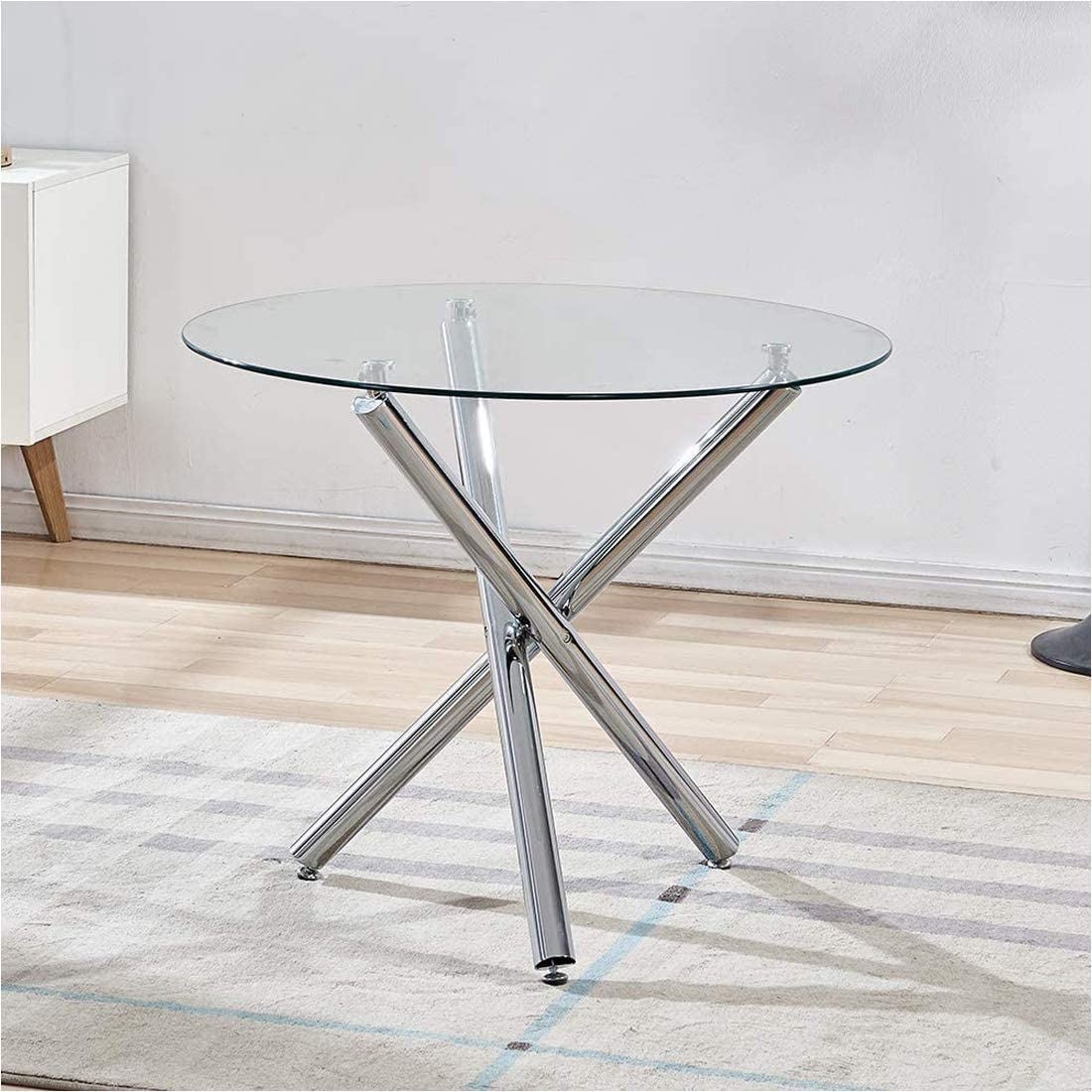 Modern Round Glass Dining Table Set for 2/4 Chairs, Kitchen Table with 3 Chrome Legs, Glass Top + 2 White Faux Leather Dining Chairs, Dining Room Table and Chairs Set for Home Small Space