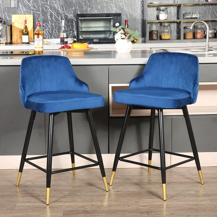 Swivel Counter Height Bar Stools Set of 2/4, Velvet Bar Stool with Low Back and Footrest, Modern Armless Kitchen Counter Barstools, Upholstered Island Stools, Easy Assembly, Bar Chairs