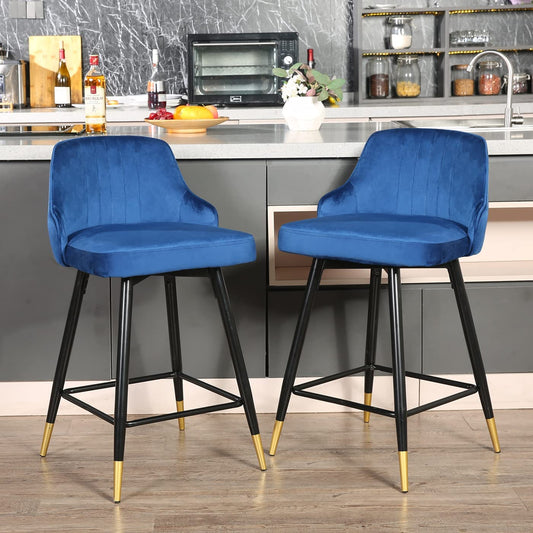 Swivel Counter Height Bar Stools Set of 2/4, Velvet Bar Stool with Low Back and Footrest, Modern Armless Kitchen Counter Barstools, Upholstered Island Stools, Easy Assembly, Bar Chairs