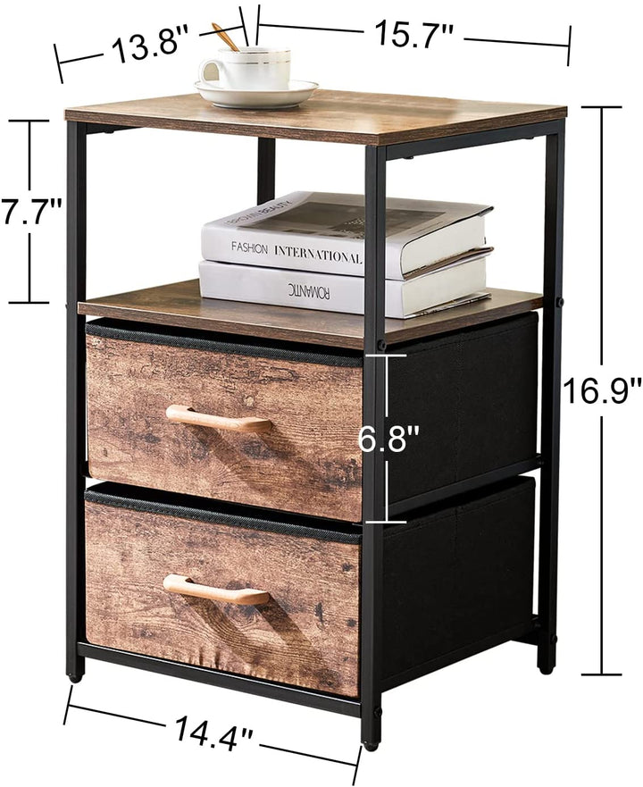 End Table with 2 Fabric Drawers and Shelf, Industrial Side Sofa Table, Bedside Accent Furniture Metal Frame Easy Assembly for Living Room/Bedroom, Rustic Brown