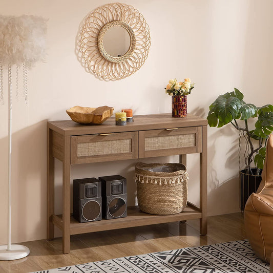 Vintage Console Table,Rattan Decor Drawer