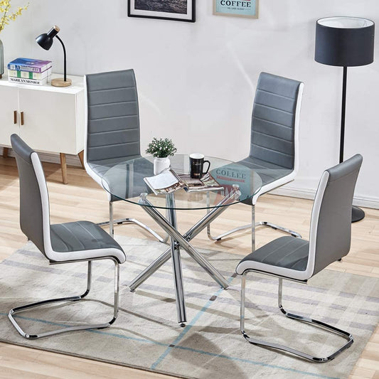 Dining Table with 4 Chairs,Glass Top Table and High Back Dining Chair