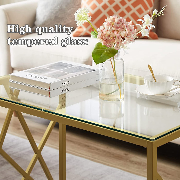 Coffee Table Living Room Table, Modern Glass Coffee Table with Painted Gold Metal Frame, 31.5'' Coffee Table for Living Room Center Table for Reception Room,Glass coffee table for living room