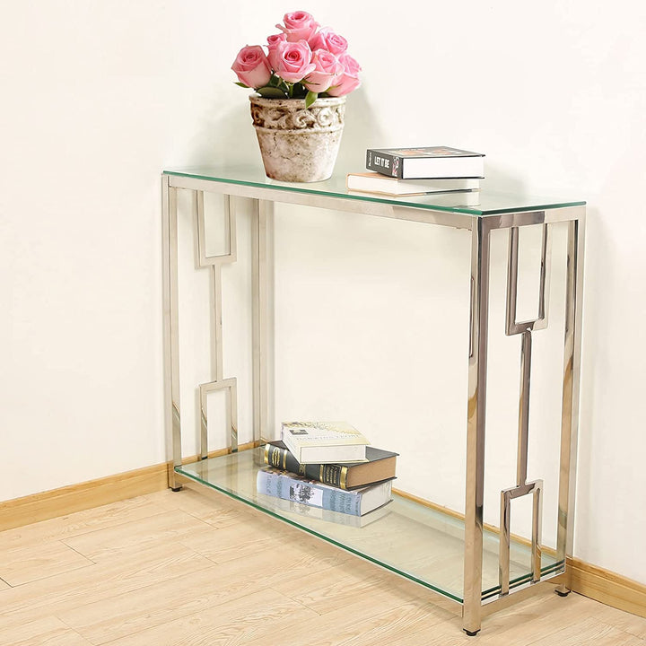 Modern Console Table Double Layer with Shelf, 41.7" Sofa Table with Clear Glass Table top Chrome Frame Leg,Narrow Table Entryway Table,Hallway Table for Entryway,Living Room,Hallway