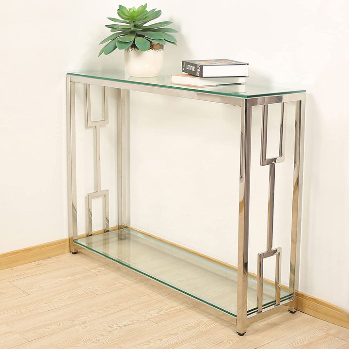 Modern Console Table Double Layer with Shelf, 41.7" Sofa Table with Clear Glass Table top Chrome Frame Leg,Narrow Table Entryway Table,Hallway Table for Entryway,Living Room,Hallway