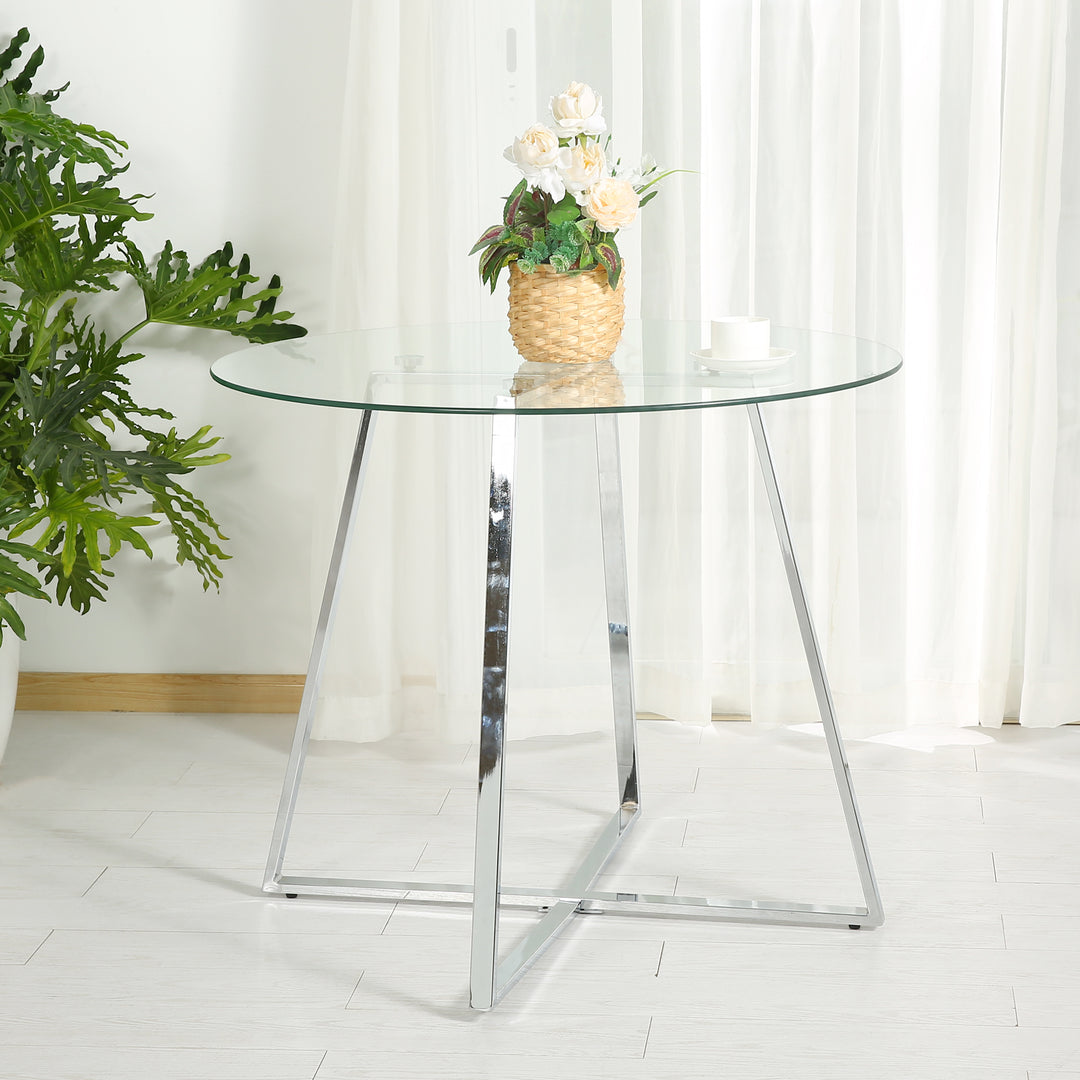 Dining Table with Round Glass top Trestle and Metal Legs 35.43Inch