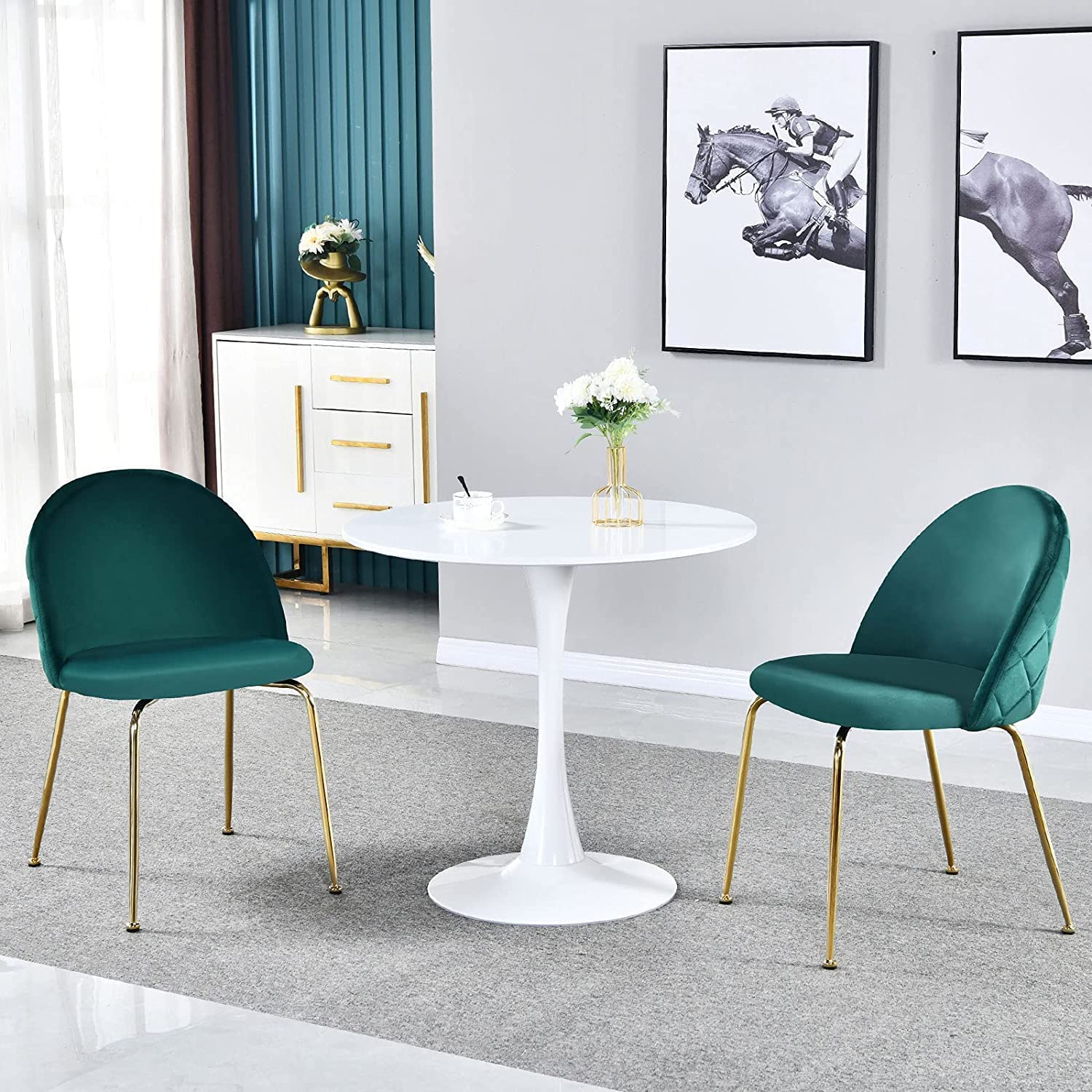 White table best sale with green chairs