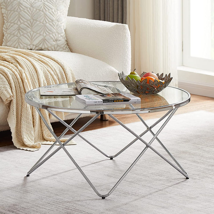 Round Glass Coffee Table, 31.4" Modern Tempered Glass Top, Sturdy Chrome Legs, Adjustable Foot Pads, Accent Side Sofa Table for Living Room, Dining Room,Tea, Home