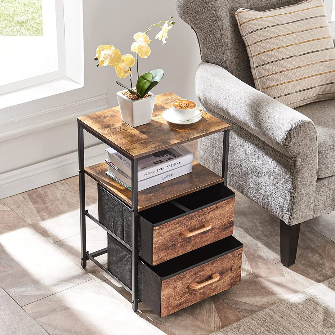 End Table with 2 Fabric Drawers and Shelf, Industrial Side Sofa Table, Bedside Accent Furniture Metal Frame Easy Assembly for Living Room/Bedroom, Rustic Brown