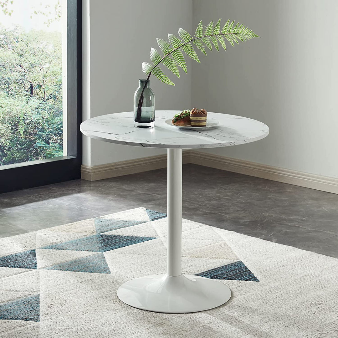Round Dining Table 32" Mid-Century Modern Round Dining Table Kitchen Table with Marble Top and White Metal Base Marble Bistro Table Round Leisure Coffee Table for Office Dining Room