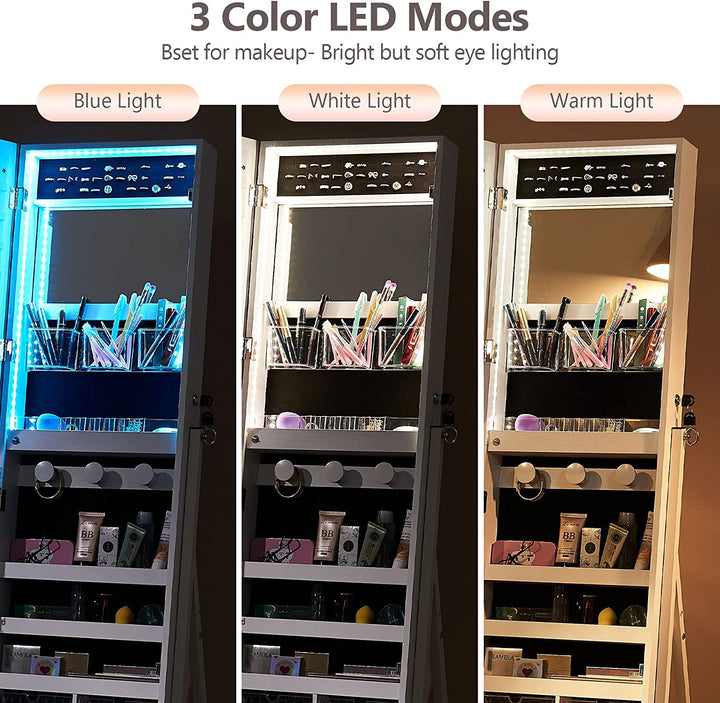 Full Length Mirror Jewelry Cabinet Standing with LED，3 colors