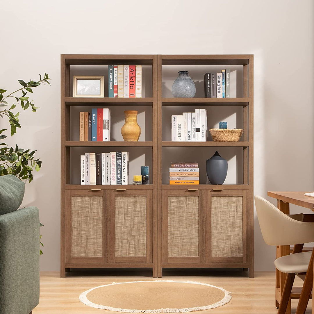 5 Tier Rattan Bookshelves, Large Bookcase with Door