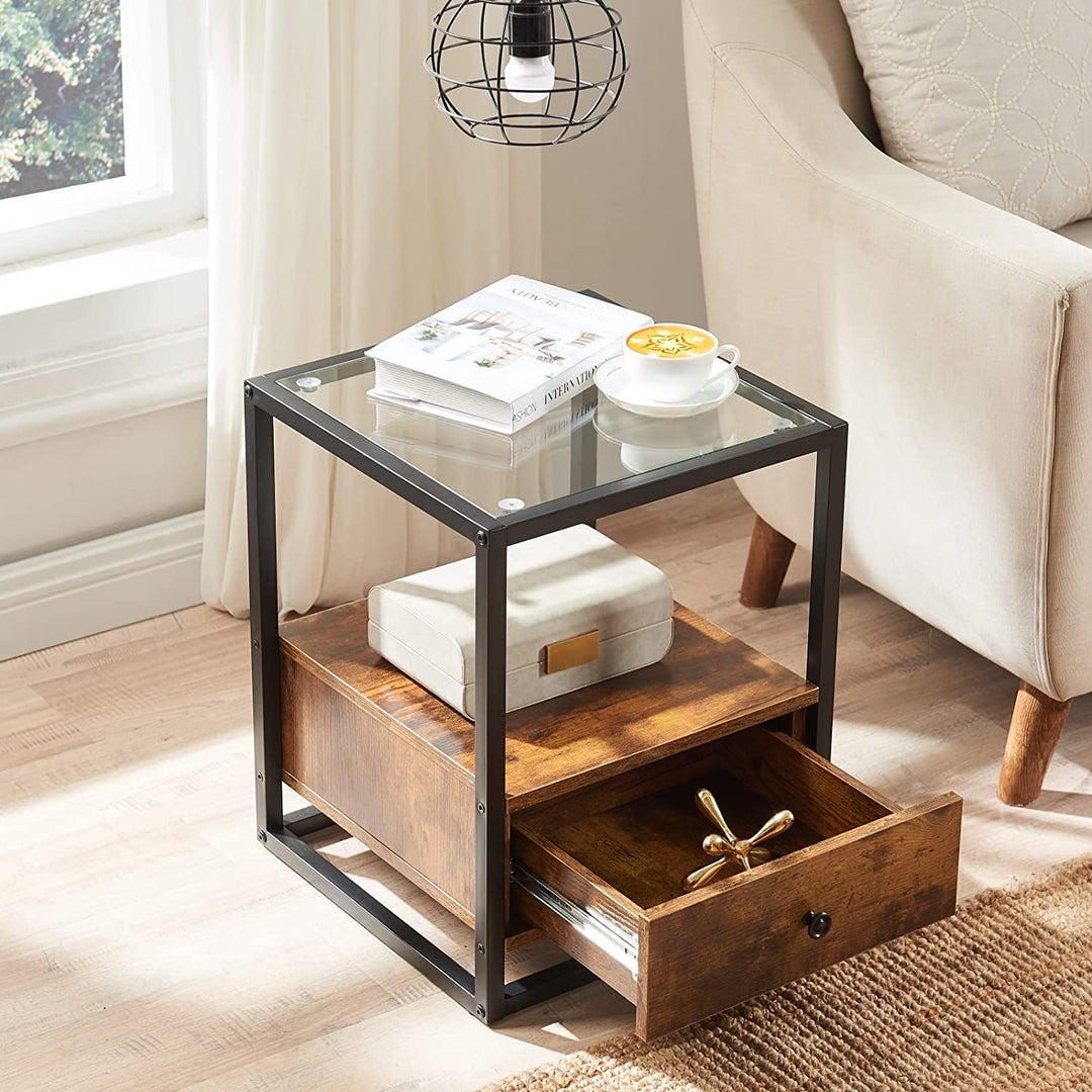 End Table with Drawer and Tempered Glass Shelf,Wooden Side Table,Modern Night Stand, Slim Night Table, Bedside Table with Metal Frame,Nightstands Rustic Brown for Living Room,Study,Bedroom,Sofa Couch