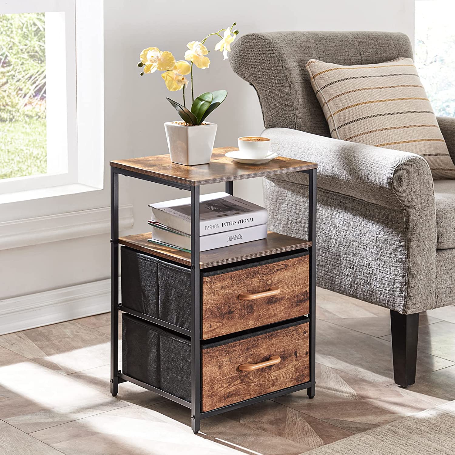 End Table with 2 Fabric Drawers and Shelf, Industrial Side Sofa Table, Bedside Accent Furniture Metal Frame Easy Assembly for Living Room/Bedroom, Rustic Brown