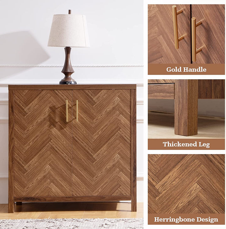 Farmhouse Sideboard Storage Cabinet with gold handle,Thickened legs and herringbone design