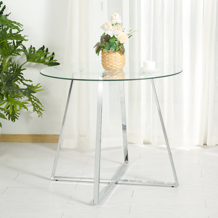 Dining Table with Round Glass top Trestle and Metal Legs 35.43Inch