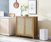 Farmhouse Kitchen Storage Cabinet with Rattan Decorated Doors as console table in the living room