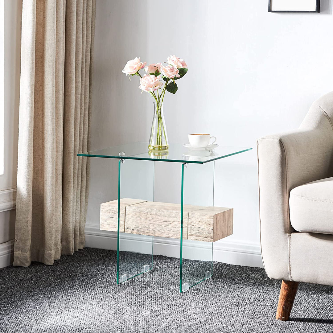 End Table Glass Side Table with Wood Shelf, Modern Accent Table/Glass Sofa Table/Nightstand/Bedside Table for Living Room and Bedroom