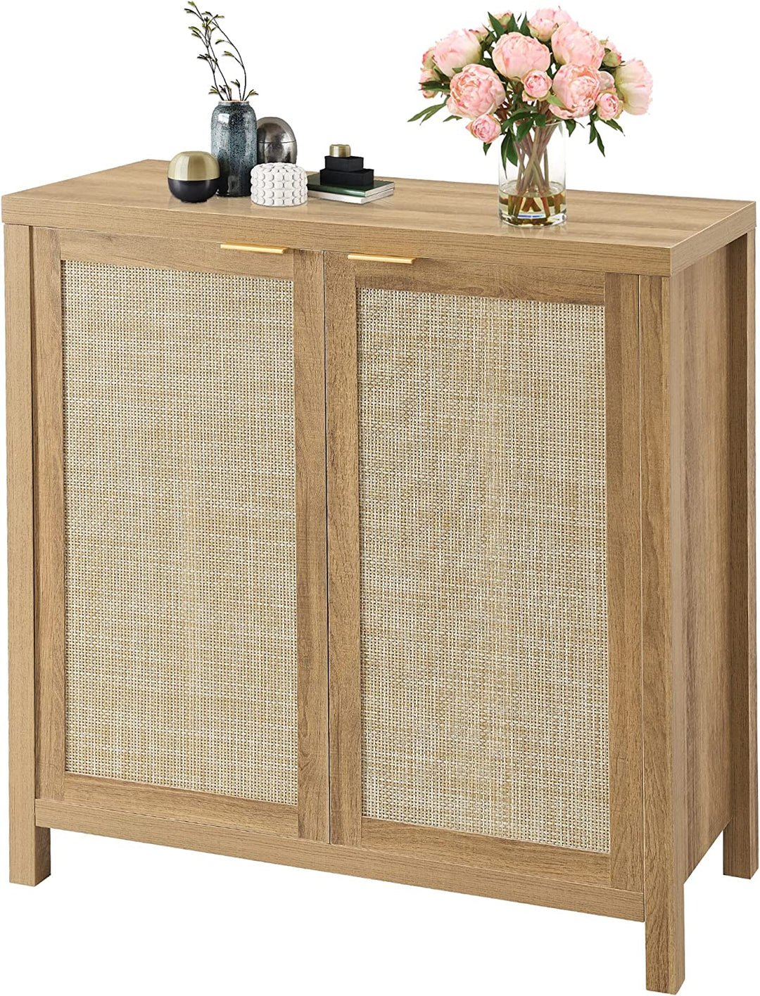 Rattan Sideboard Buffet Cabinet Set of 1，Farmhouse Kitchen Storage Cabinet with Rattan Decorated Doors