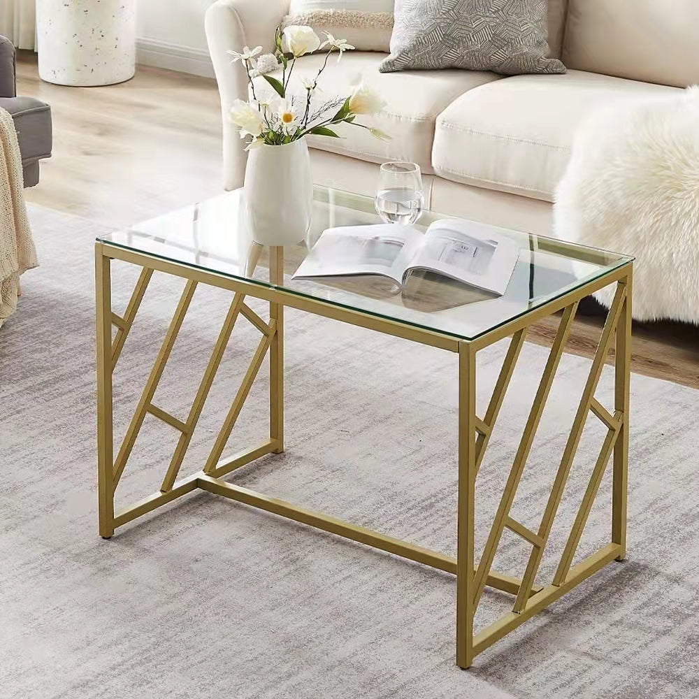 Glass Coffee Table, Rectangle Table Narrow Table Gold Dining Table Tea Table Geometric Metal Accent Furniture for Living Room,Home Office, Garage, and Bedroom(Gold Coffee Table)